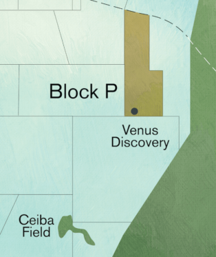 El Bloque P cubre un área de 1.253 kilómetros cuadrados en la cuenca del Río Muni, muy cerca del continente de Guinea Ecuatorial.